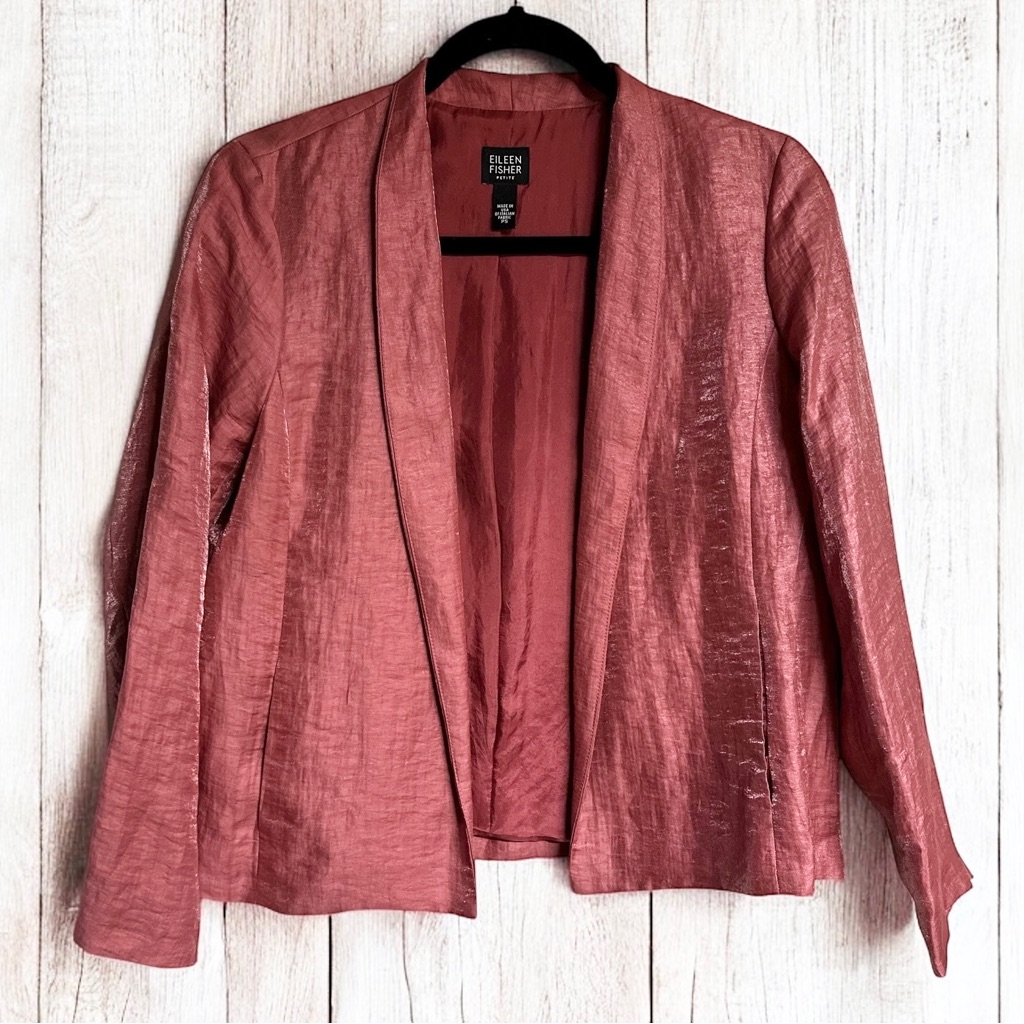 Eileen Fisher Women’s Pink Shimmer Silk Linen Blend Open-Front Jacket Blazer Ps